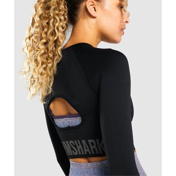 GYMSHARK Flex Sports Long Sleeve Crop Top In Black Size S - Picture 1 of 12